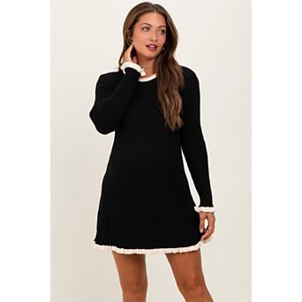 Maternity Ribbed Knit Contrast Ruffle Trim Mini Dress