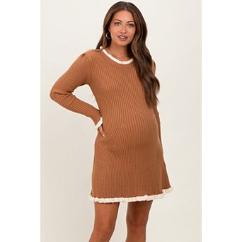 Maternity Ribbed Knit Contrast Ruffle Trim Mini Dress