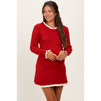 Maternity Ribbed Knit Contrast Ruffle Trim Mini Dress
