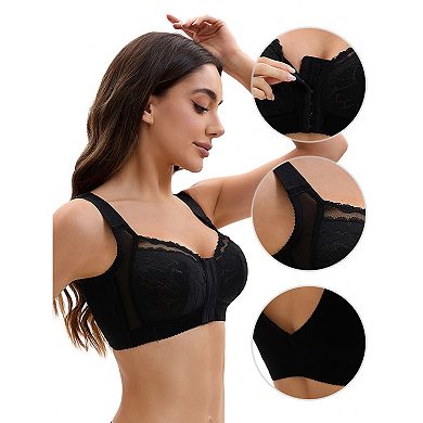 3 Packs Women's Lace Front Closure Full Coverage Minimizers Wirefree Wide Straps Soft Bras