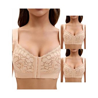 3 Packs Women's Lace Front Closure Full Coverage Minimizers Wirefree Wide Straps Soft Bras