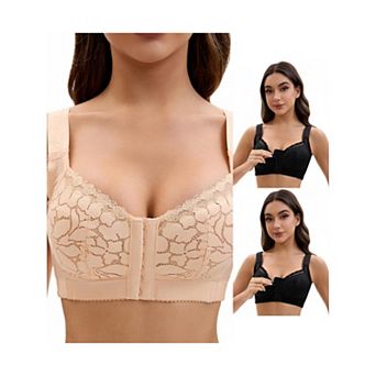 3 Packs Women's Lace Front Closure Full Coverage Minimizers Wirefree Wide Straps Soft Bras