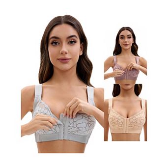 3 Packs Women's Lace Front Closure Full Coverage Minimizers Wirefree Wide Straps Soft Bras
