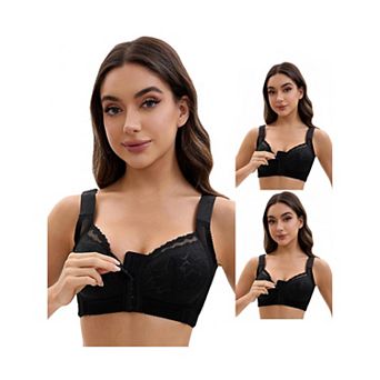 3 Packs Women's Lace Front Closure Full Coverage Minimizers Wirefree Wide Straps Soft Bras