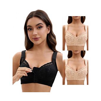 3 Packs Women's Lace Front Closure Full Coverage Minimizers Wirefree Wide Straps Soft Bras