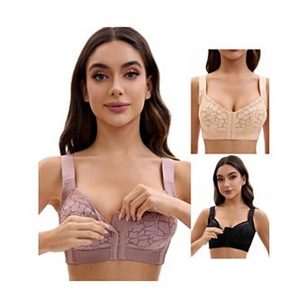 3 Packs Women's Lace Front Closure Full Coverage Minimizers Wirefree Wide Straps Soft Bras