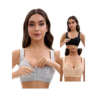 3 Packs Women's Lace Front Closure Full Coverage Minimizers Wirefree Wide Straps Soft Bras