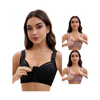 3 Packs Women's Lace Front Closure Full Coverage Minimizers Wirefree Wide Straps Soft Bras