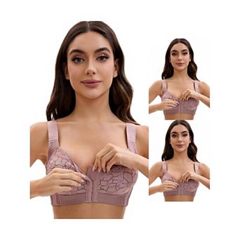 3 Packs Women's Lace Front Closure Full Coverage Minimizers Wirefree Wide Straps Soft Bras