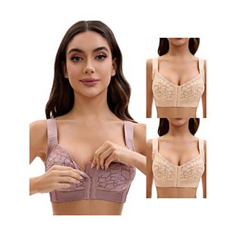 3 Packs Women's Lace Front Closure Full Coverage Minimizers Wirefree Wide Straps Soft Bras