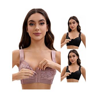 3 Packs Women's Lace Front Closure Full Coverage Minimizers Wirefree Wide Straps Soft Bras