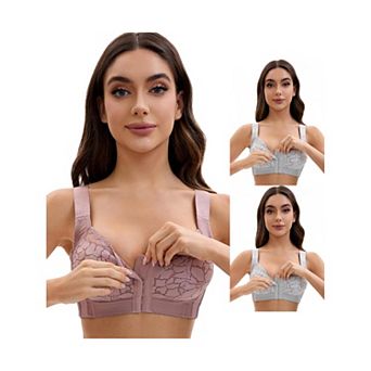 3 Packs Women's Lace Front Closure Full Coverage Minimizers Wirefree Wide Straps Soft Bras
