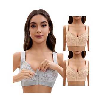 3 Packs Women's Lace Front Closure Full Coverage Minimizers Wirefree Wide Straps Soft Bras