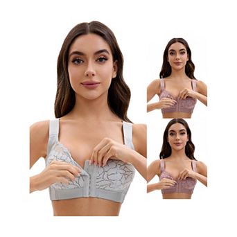 3 Packs Women's Lace Front Closure Full Coverage Minimizers Wirefree Wide Straps Soft Bras