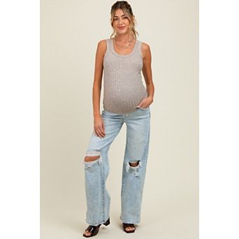 Maternity Blue Distressed Open Knee Wide Leg Maternity Jeans