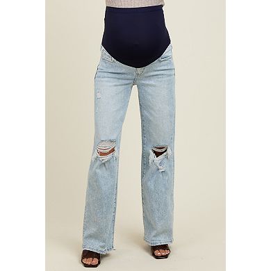 Maternity Blue Distressed Open Knee Wide Leg Maternity Jeans