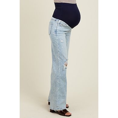 Maternity Blue Distressed Open Knee Wide Leg Maternity Jeans