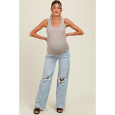 Maternity Blue Distressed Open Knee Wide Leg Maternity Jeans