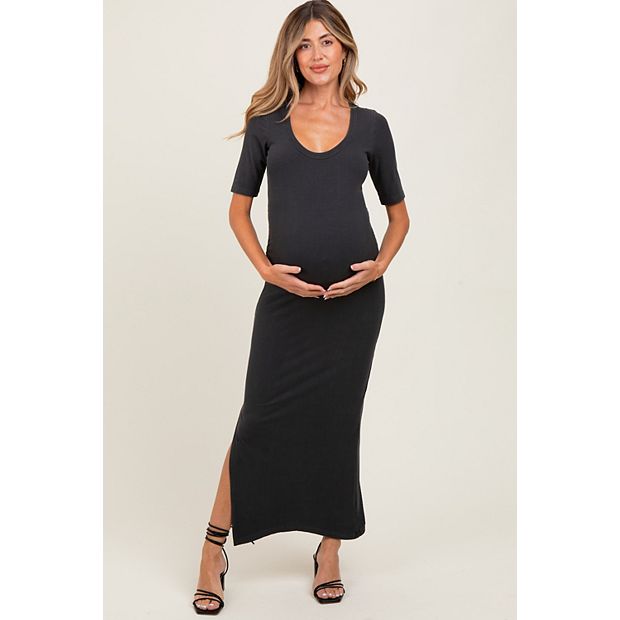 Pinkblush Charcoal Ruched Short Sleeve Side Slit Maternity Midi Dress Medium