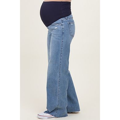 Maternity Wash Mid Rise Clean Cut Raw Hem Wide Maternity Jeans