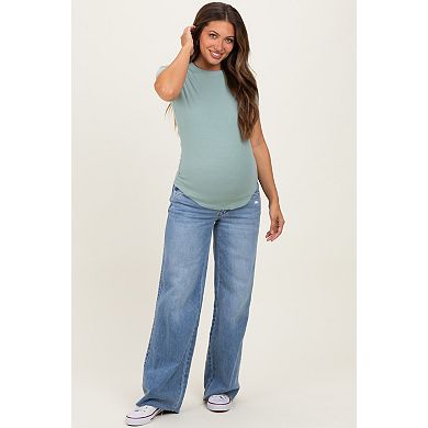Maternity Wash Mid Rise Clean Cut Raw Hem Wide Maternity Jeans