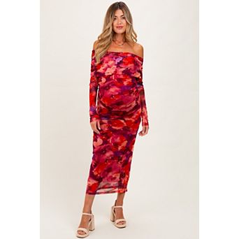 Maternity Floral Mesh Off Shoulder Long Sleeve Maxi Dress