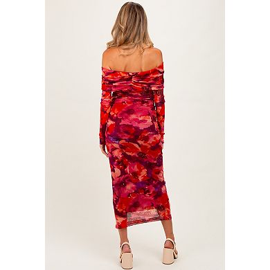 Maternity Floral Mesh Off Shoulder Long Sleeve Maxi Dress