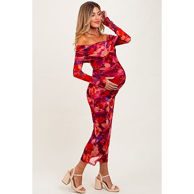 Maternity Floral Mesh Off Shoulder Long Sleeve Maxi Dress