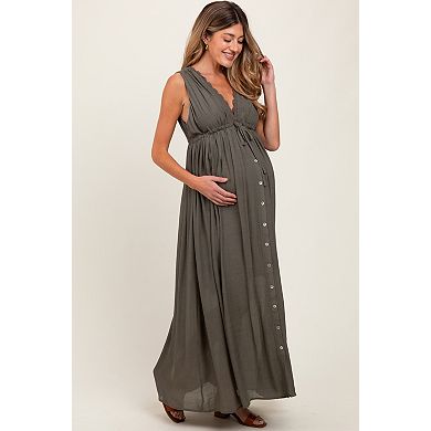 Maternity Deep V-Neck Sleeveless Button Down Maxi Dress