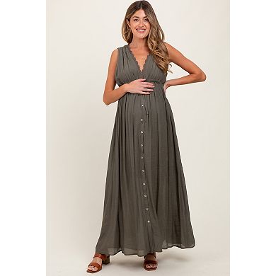 Maternity Deep V-Neck Sleeveless Button Down Maxi Dress
