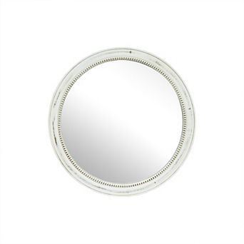 23.62 Inch Round Distressed White Wood Beaded Wall Mirror for Bathroom Living Room