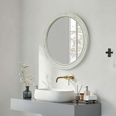 23.62 Inch Round Distressed White Wood Beaded Wall Mirror for Bathroom Living Room