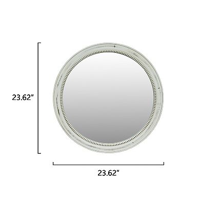 23.62 Inch Round Distressed White Wood Beaded Wall Mirror for Bathroom Living Room