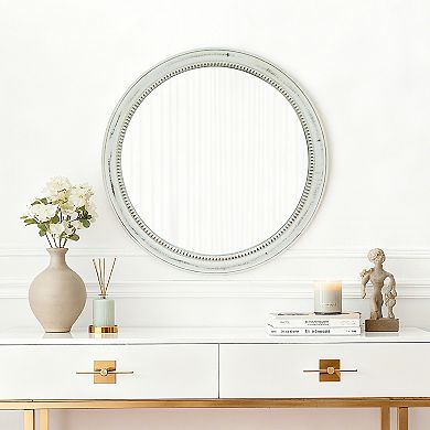 23.62 Inch Round Distressed White Wood Beaded Wall Mirror for Bathroom Living Room