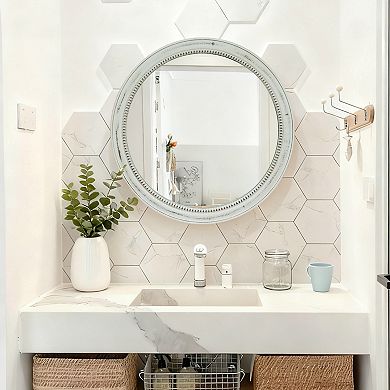 23.62 Inch Round Distressed White Wood Beaded Wall Mirror for Bathroom Living Room