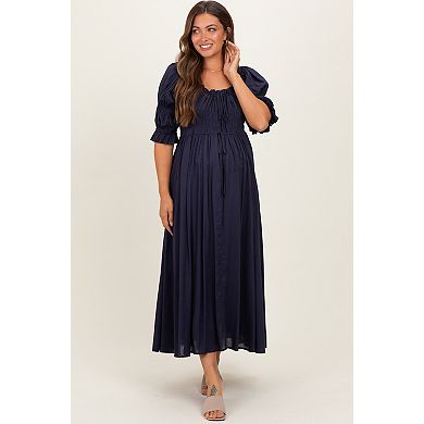 Maternity Smocked Ruffle Square Neck Midi Dress