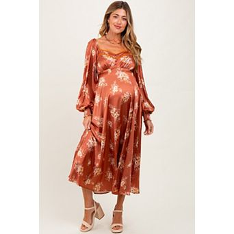 Maternity Satin Floral Bubble Sleeve Midi Dress