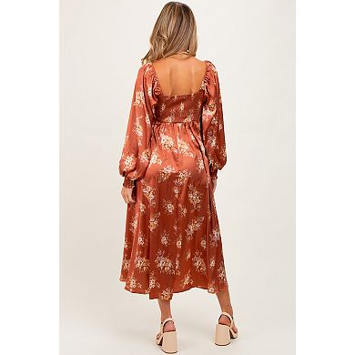 Maternity Satin Floral Bubble Sleeve Midi Dress