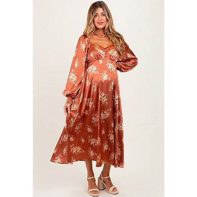 Maternity Satin Floral Bubble Sleeve Midi Dress