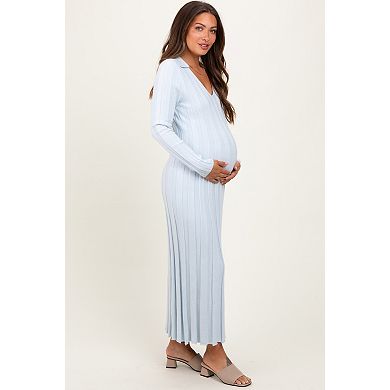 Maternity Blue Wide Ribbed Knit Collared Midi Dress