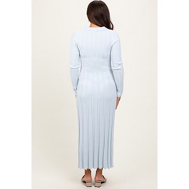 Maternity Blue Wide Ribbed Knit Collared Midi Dress