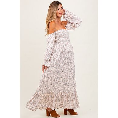 Maternity Floral Smocked Off Shoulder Maxi Dress