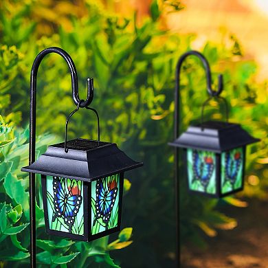 Glitzhome 30"H Set of 2 Solar Powered Butterfly Scene Pattern Garden Lamp or Pathway Light