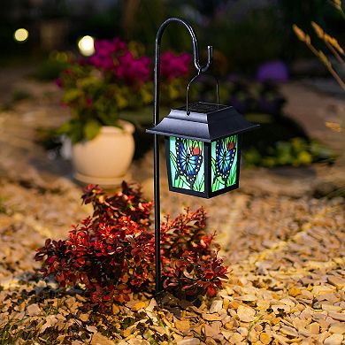 Glitzhome 30"H Set of 2 Solar Powered Butterfly Scene Pattern Garden Lamp or Pathway Light
