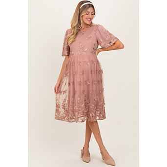 Maternity Pink Floral Embroidered Mesh Midi Dress