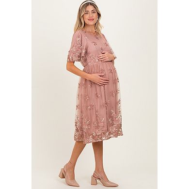 Maternity Pink Floral Embroidered Mesh Midi Dress