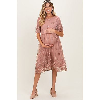 Maternity Pink Floral Embroidered Mesh Midi Dress