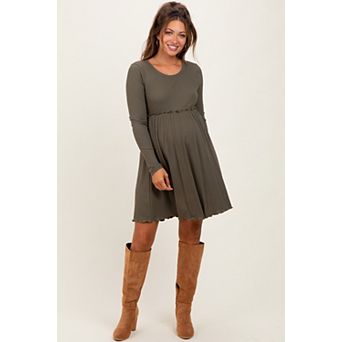 Maternity Solid Ribbed Long Sleeve Crewneck Shirring Mini Dress