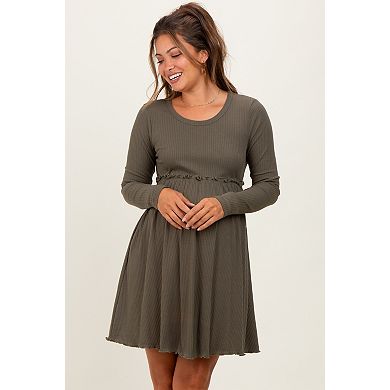 Maternity Solid Ribbed Long Sleeve Crewneck Shirring Mini Dress