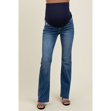 Maternity Blue Distressed Raw Hem Maternity Bootcut Jeans